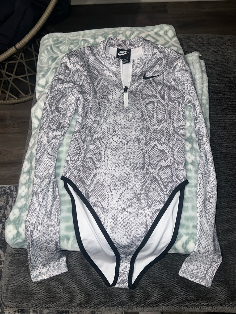 Nike Gray/White Snake-Print Long Sleeve Zip Bodysuit